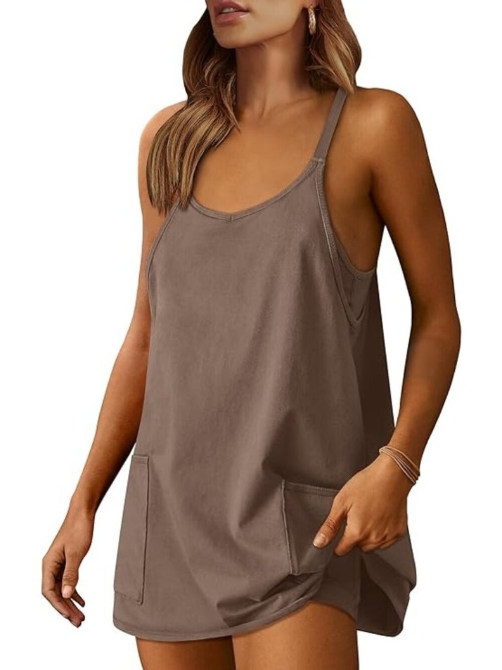 Brown Athletic Summer Tennis Workout Active Mini Romper Dress Built in Shorts XL